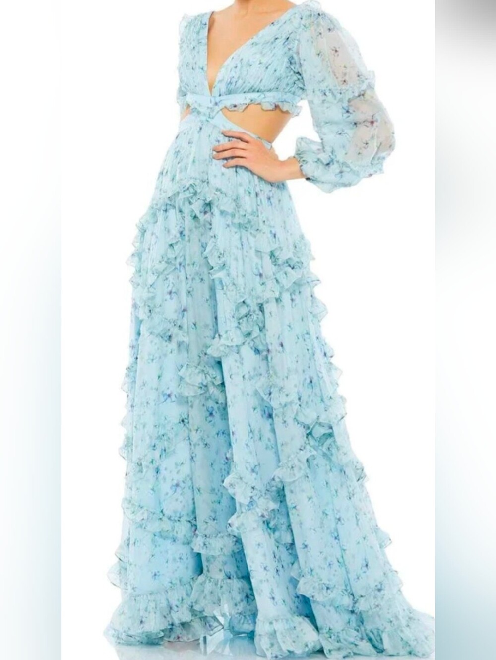 Mac Duggal Light Blue Floral Ruffled Maxi Dress